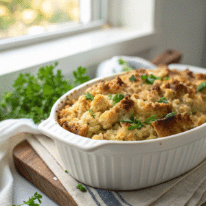 Dolly’s chicken and stuffing casserole with golden crispy topping
