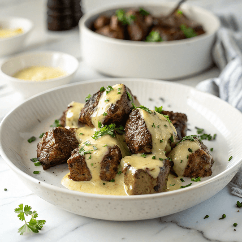 Garlic Butter Steak Bites with Parmesan Cream Sauce – A Perfect 30-Minute Dinner You'll Crave 12 Garlic butter steak bites with parmesan cream sauce on white plate