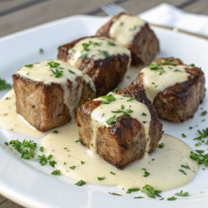 Garlic butter steak bites covered in parmesan cream sauce on white plate
