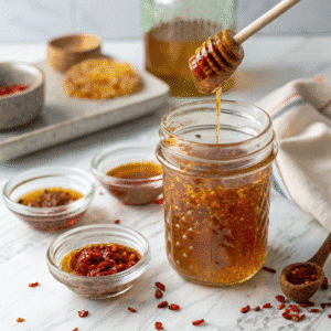 Homemade hot honey sauce in jar with chili flakes