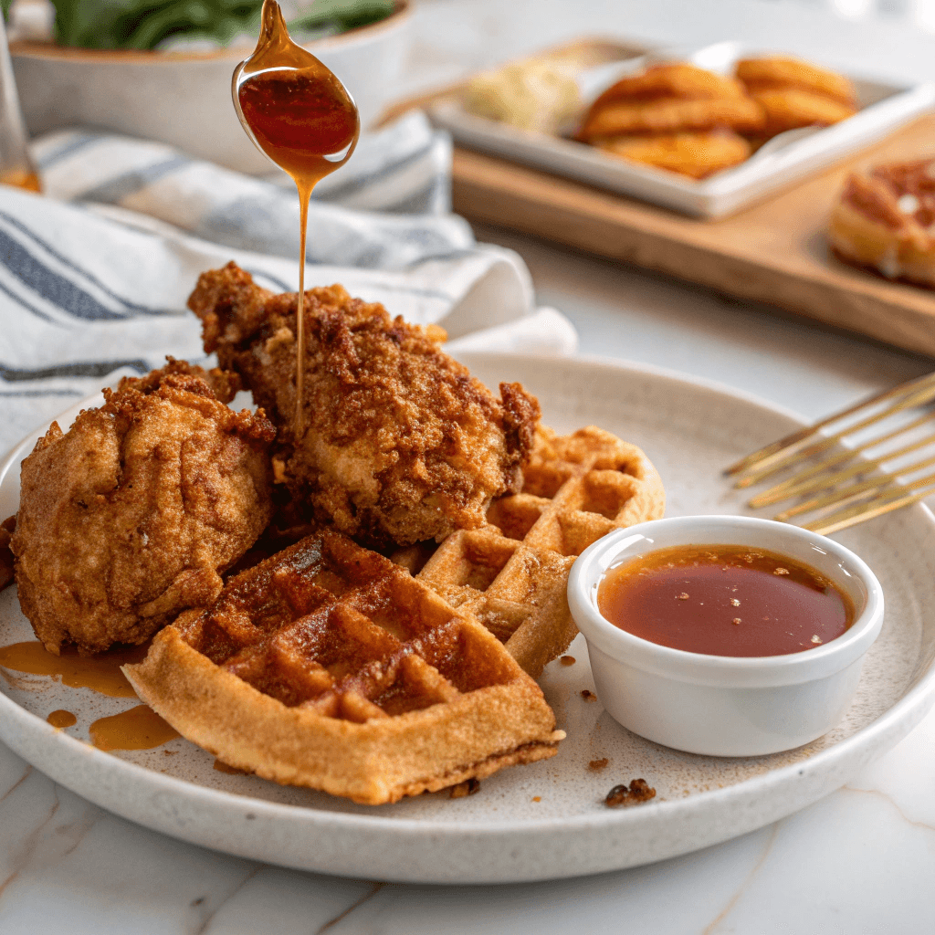 Homemade Hot Honey Sauce – Sweet Heat in Every Spoonful 10 Hot honey sauce served with fried chicken and waffles