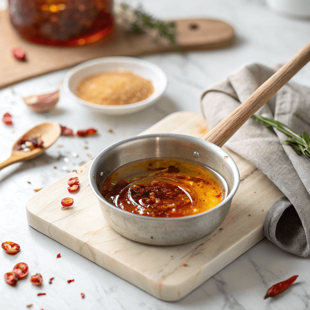 Homemade Hot Honey Sauce – Sweet Heat in Every Spoonful 9 Cooking homemade hot honey sauce on stovetop