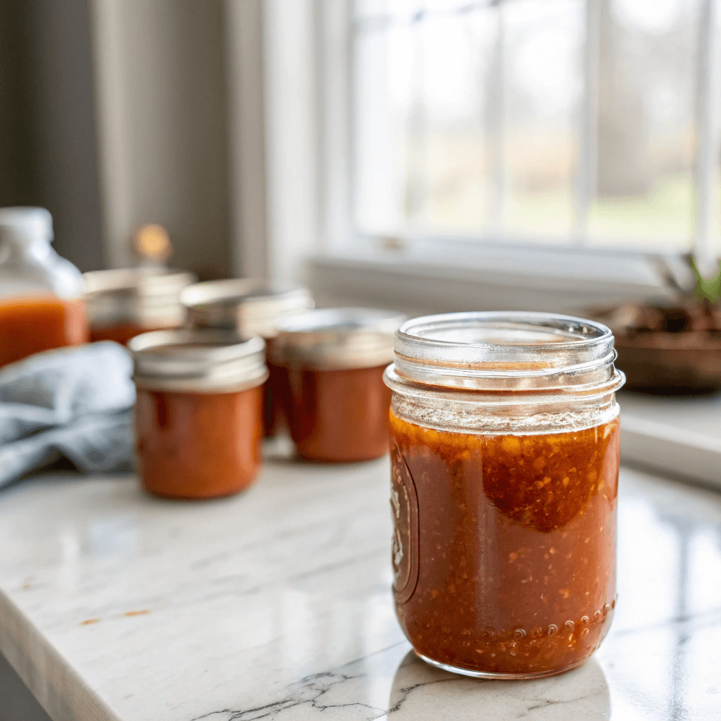 Homemade Hot Honey Sauce – Sweet Heat in Every Spoonful 11 Homemade hot honey sauce stored in sealed jars