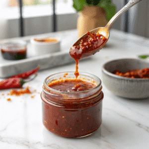 Hot honey BBQ sauce in a glass jar on marble