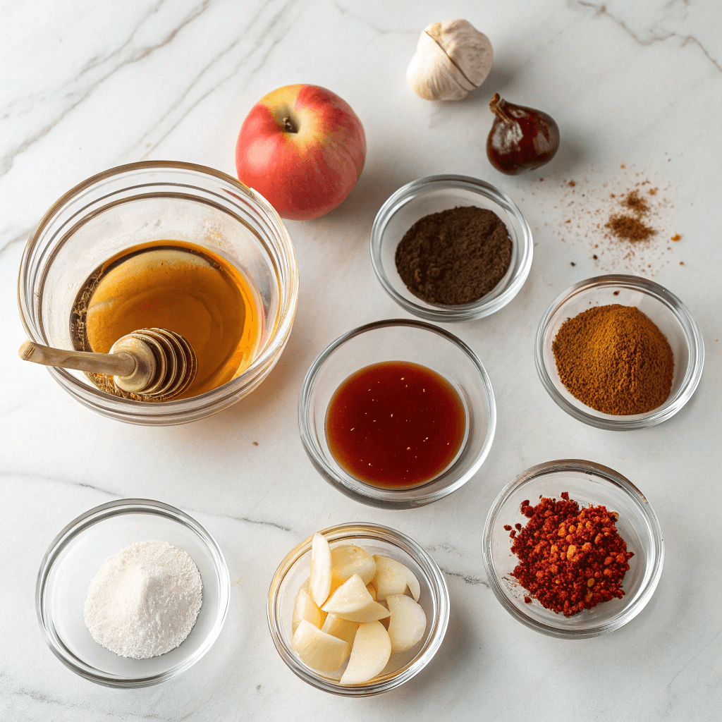 Hot Honey BBQ Sauce – Easy Sweet & Spicy Recipe You’ll Love 8 Hot honey BBQ sauce ingredients arranged on marble