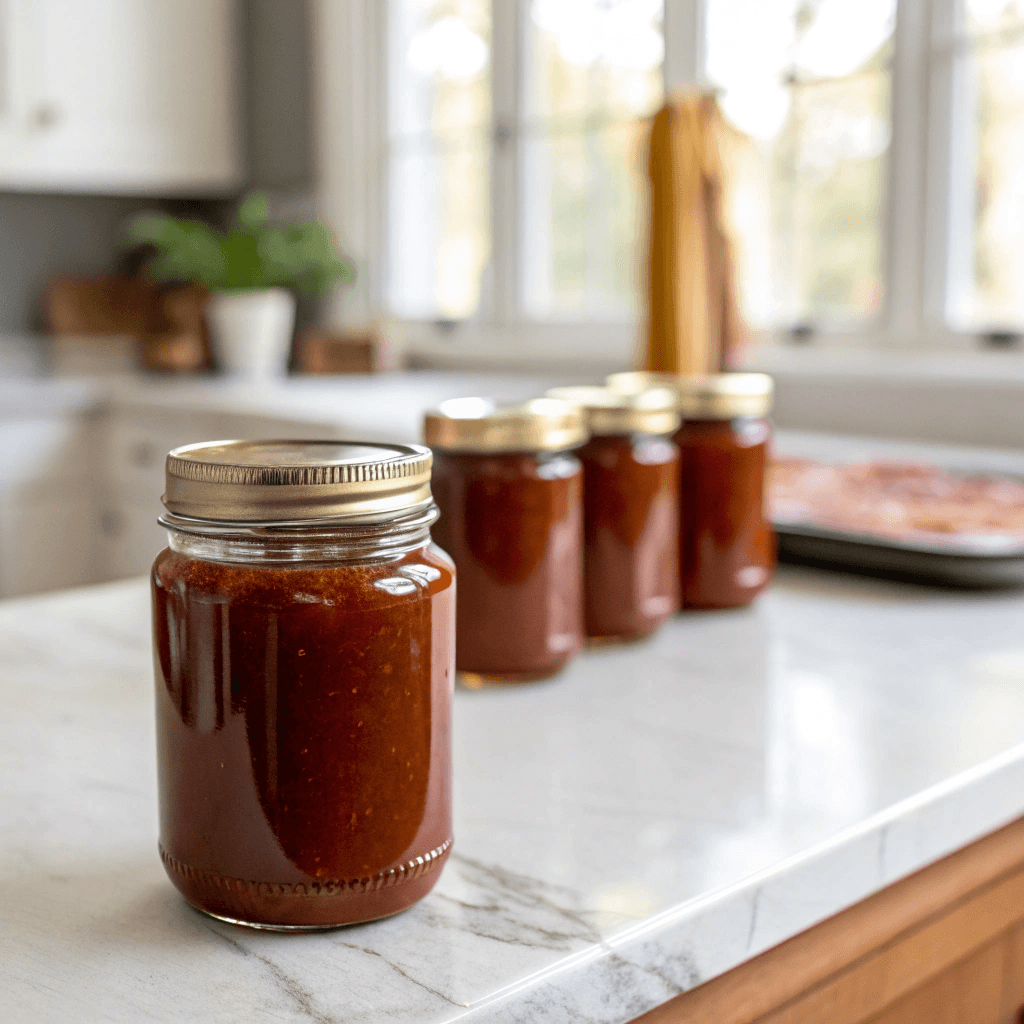 Hot Honey BBQ Sauce – Easy Sweet & Spicy Recipe You’ll Love 10 Hot honey BBQ sauce stored in sealed glass jars