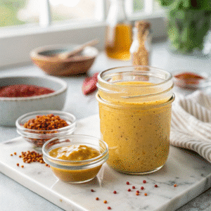 Hot honey mustard sauce in glass jar with ingredients