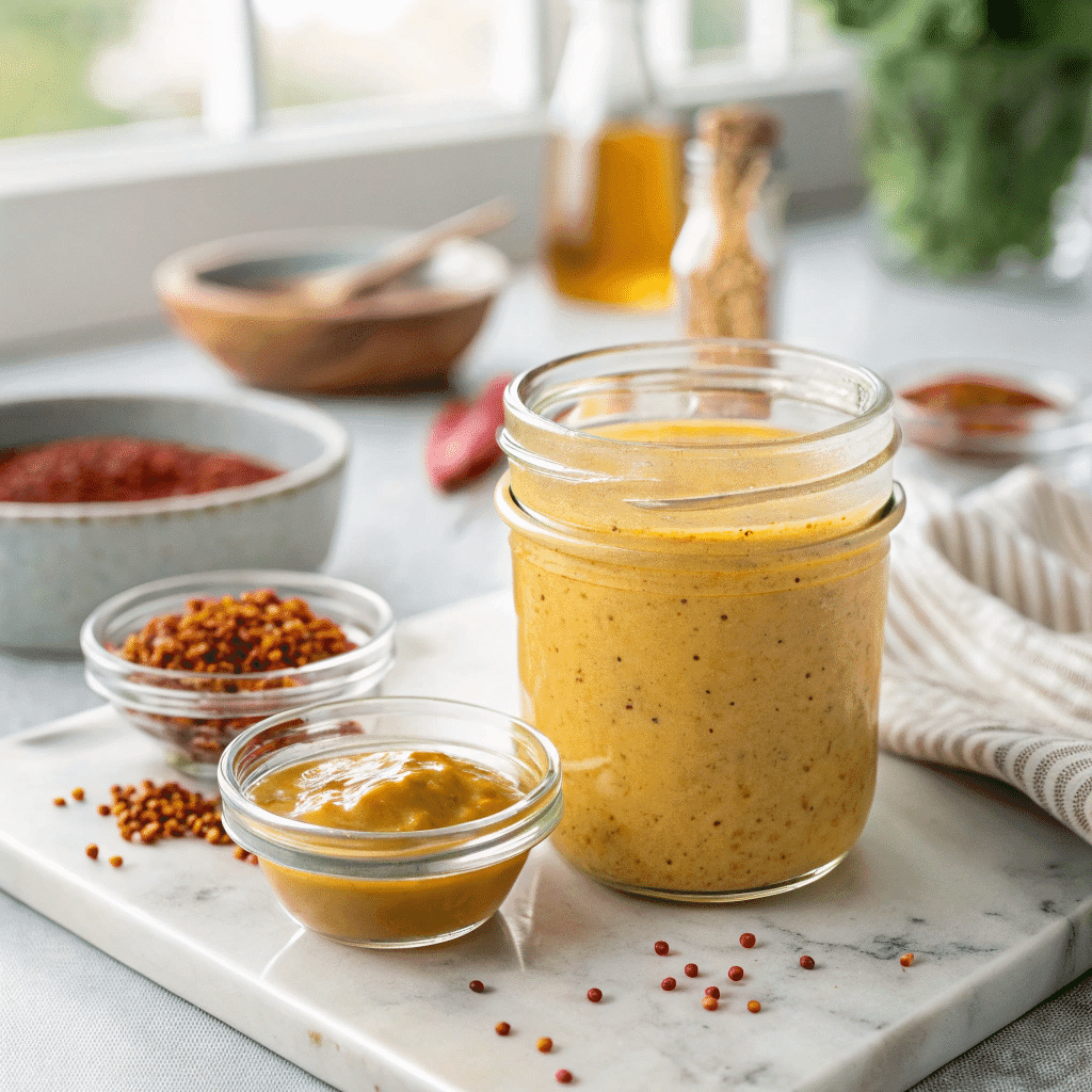 Hot honey mustard sauce in glass jar with ingredients