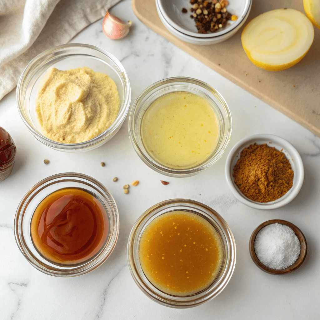Hot Honey Mustard Sauce – Easy, Spicy-Sweet Dip & Drizzle You’ll Make on Repeat 8 Ingredients for Hot Honey Mustard Sauce on marble