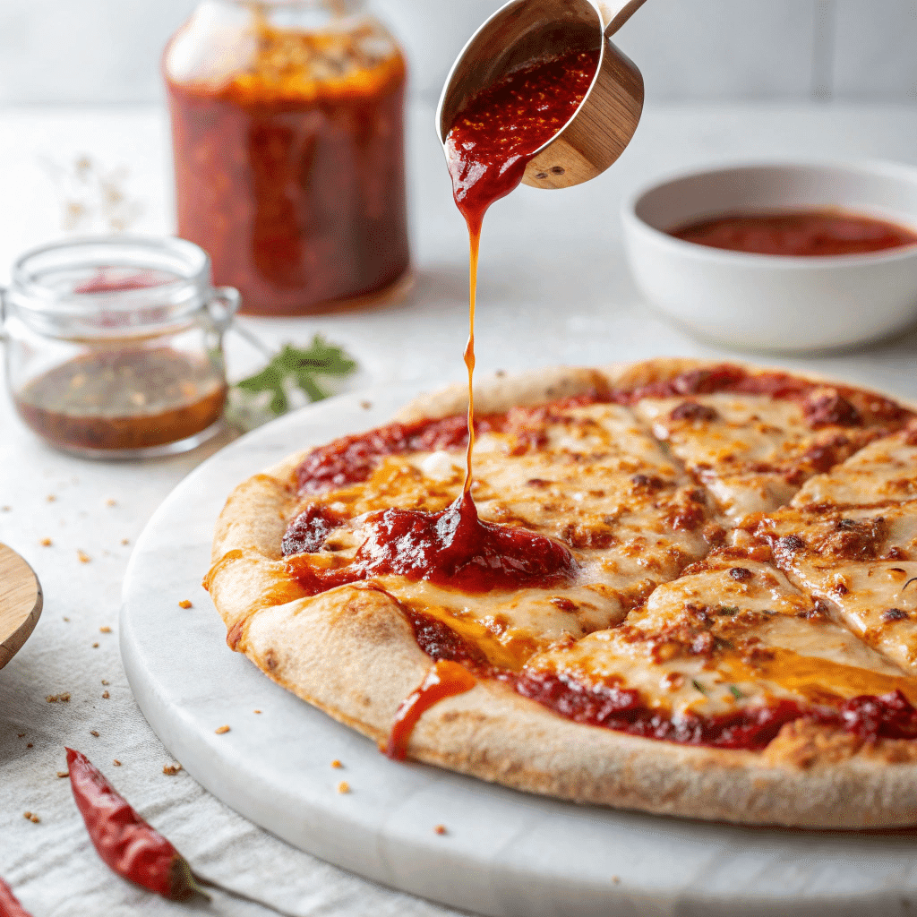 Hot honey pizza sauce drizzled on pizza