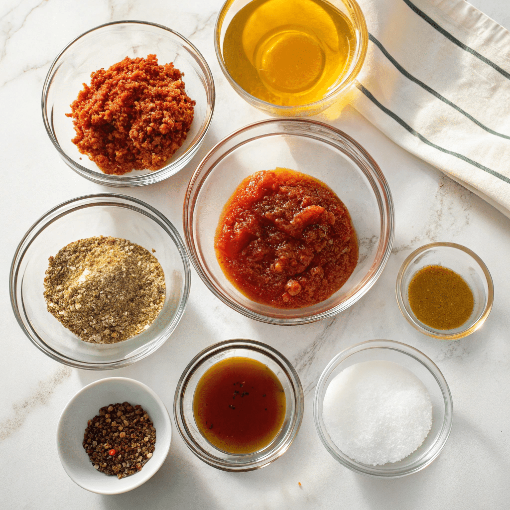 Irresistible Hot Honey Pizza Sauce – Quick, Bold & Made for Pizza Lovers! 8 Hot honey pizza sauce ingredients on marble counter