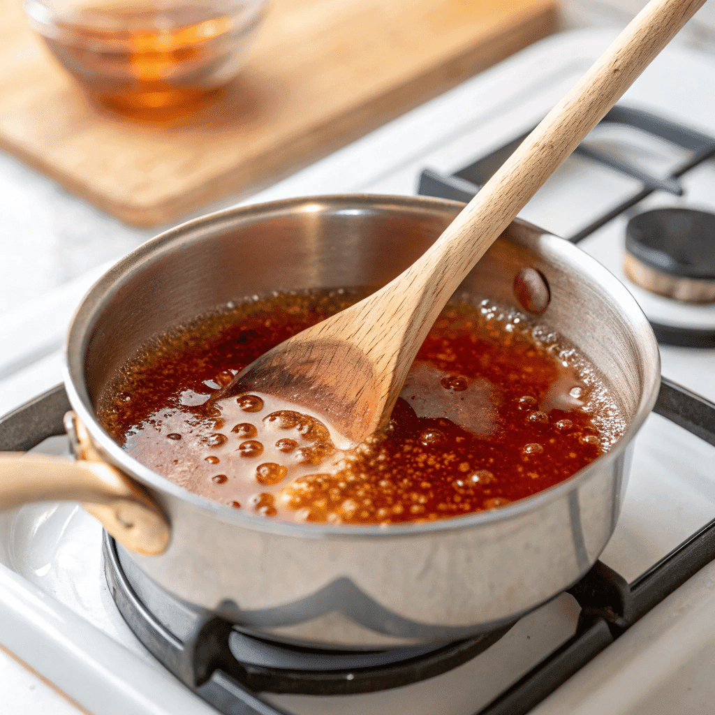 Hot Honey Sauce – Sweet, Spicy, and Perfect for Any Dish 9 Cooking hot honey sauce in a saucepan