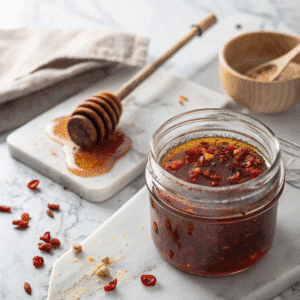Hot honey sauce in a glass jar with red pepper flakes