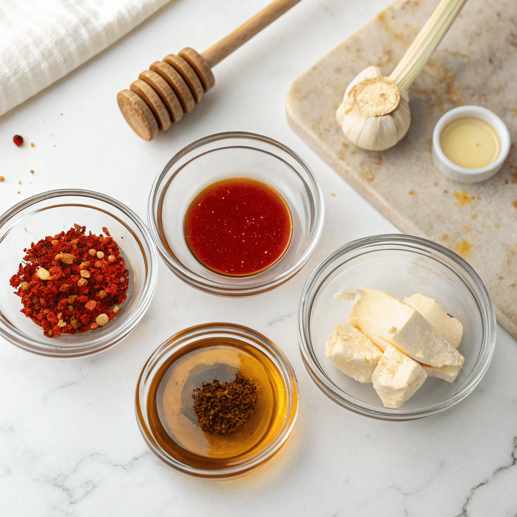 Hot Honey Sauce – Sweet, Spicy, and Perfect for Any Dish 8 Ingredients for making hot honey sauce on marble