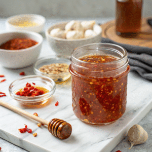 Hot honey sauce in jar with chili flakes