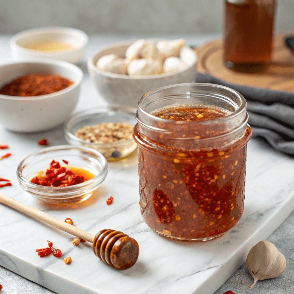 Hot honey sauce in jar with chili flakes