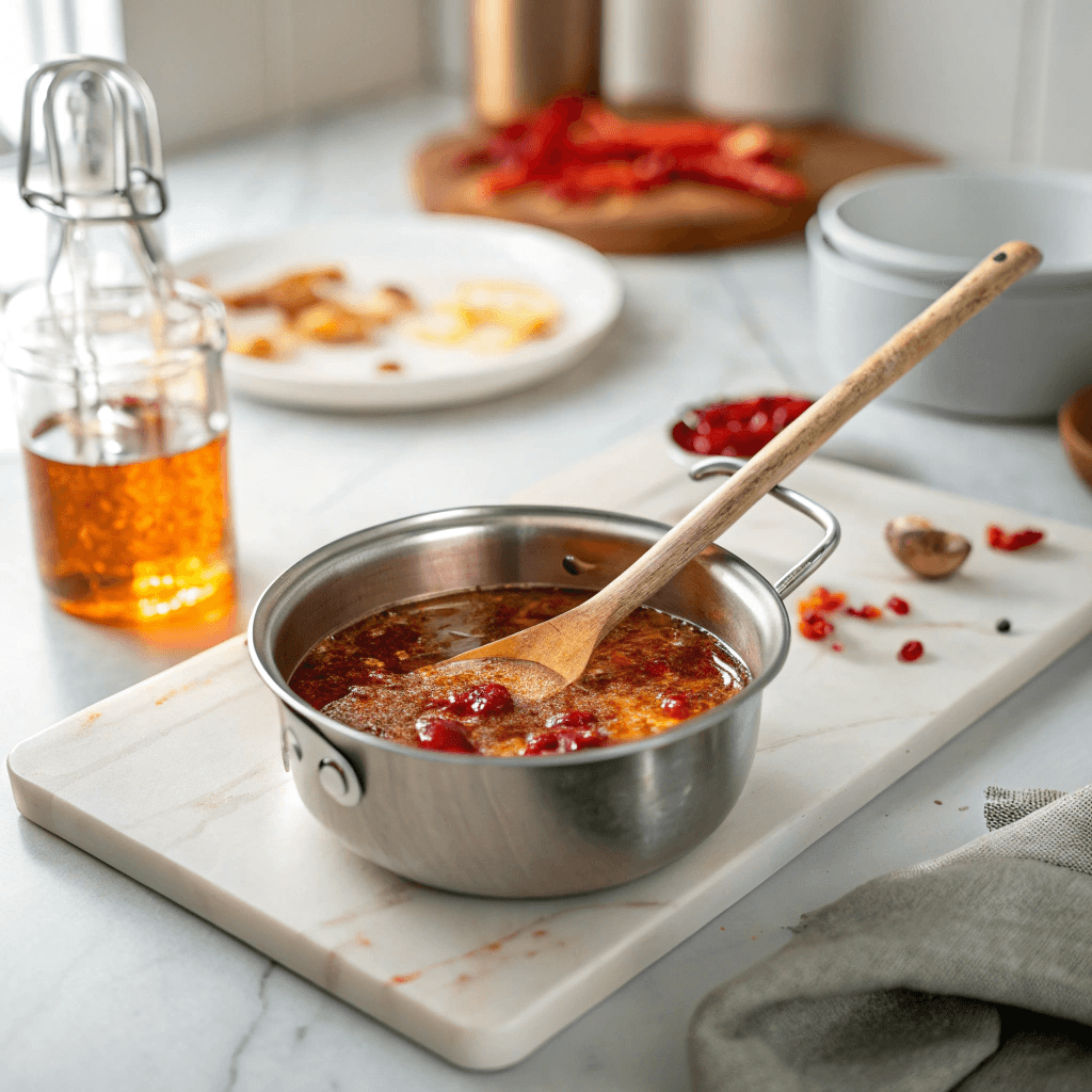 Hot Honey Sauce Recipe – Sweet, Spicy, and Totally Addictive 9 Cooking hot honey sauce on stove
