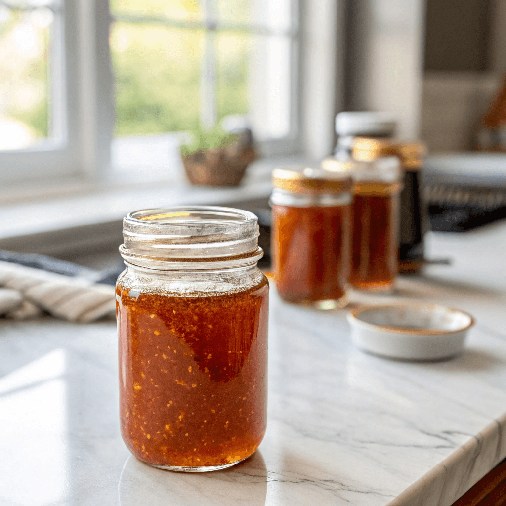 Hot Honey Sauce Recipe – Sweet, Spicy, and Totally Addictive 11 Hot honey sauce stored in sealed glass jar