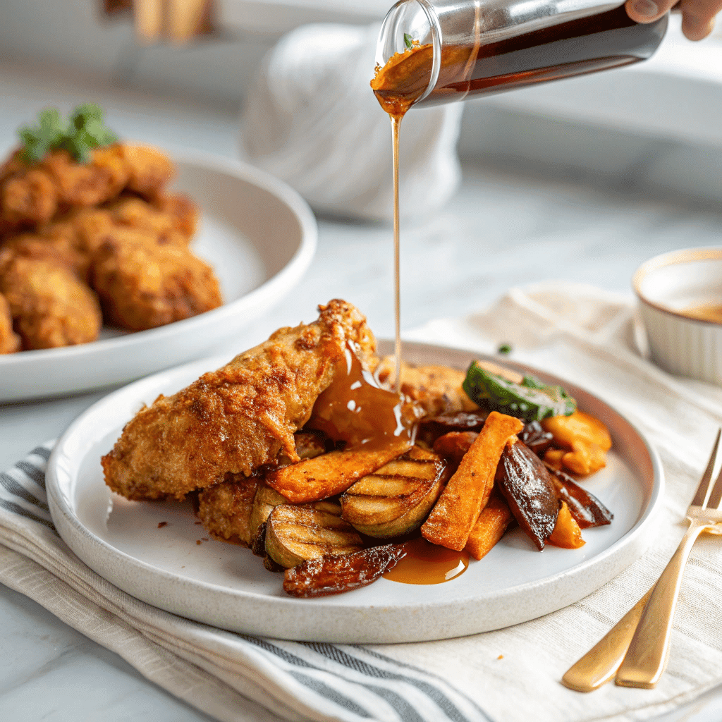 Hot Honey Sauce – Sweet, Spicy, and Perfect for Any Dish 11 Hot honey sauce drizzled over fried chicken and veggies
