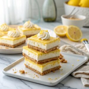Lazy day lemon cream pie bars stacked on white marble plate