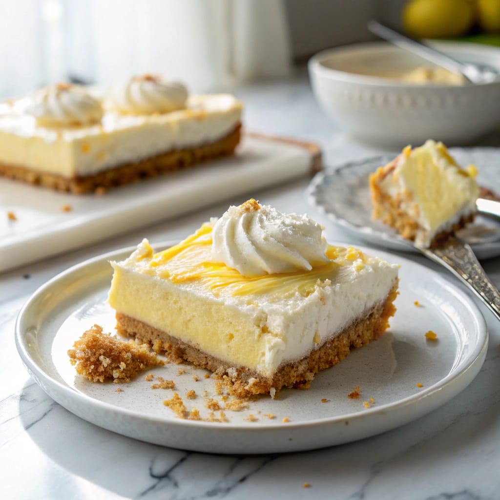 Lazy Day Lemon Cream Pie Bars – 2025’s Creamy Citrus Trend You’ll Regret Missing 10 Partially eaten lemon cream pie bar showing creamy and crunchy layers
