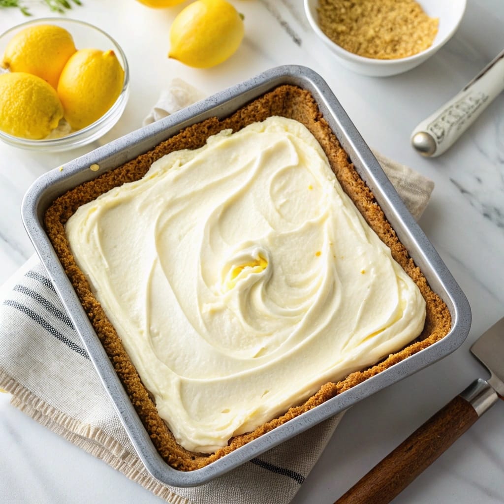 Lazy Day Lemon Cream Pie Bars – 2025’s Creamy Citrus Trend You’ll Regret Missing 8 Spreading lemon cream filling over graham crust