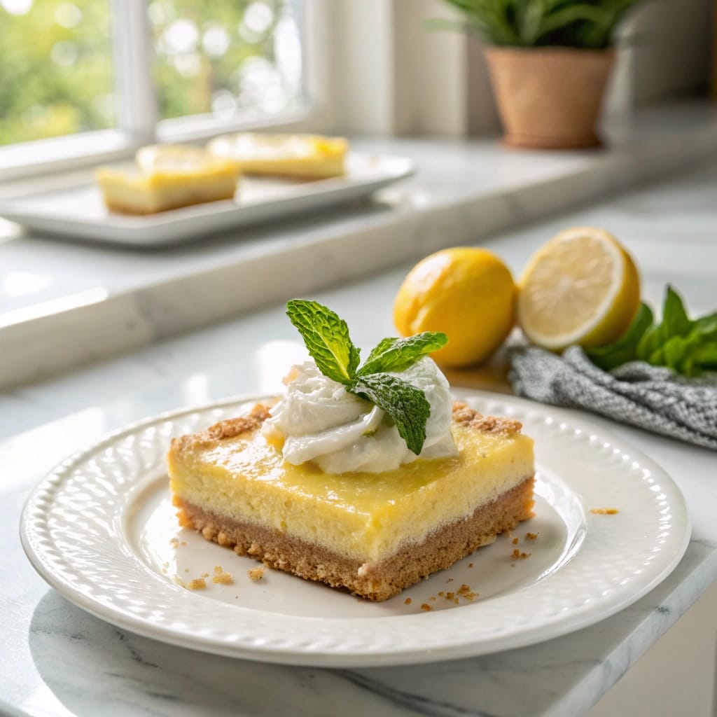 Lazy Day Lemon Cream Pie Bars – 2025’s Creamy Citrus Trend You’ll Regret Missing 9 Lemon cream pie bar served with whipped cream and lemon wedge