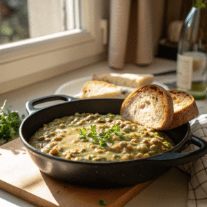 Lentil-celeriac skillet sauce with crusty bread on white plate