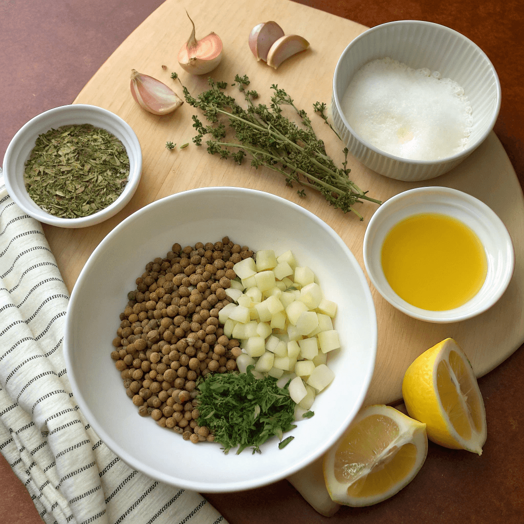 Lentil-Celeriac Skillet Sauce – Trending TikTok Recipe of 2025 8 Ingredients for lentil celeriac sauce on white plate