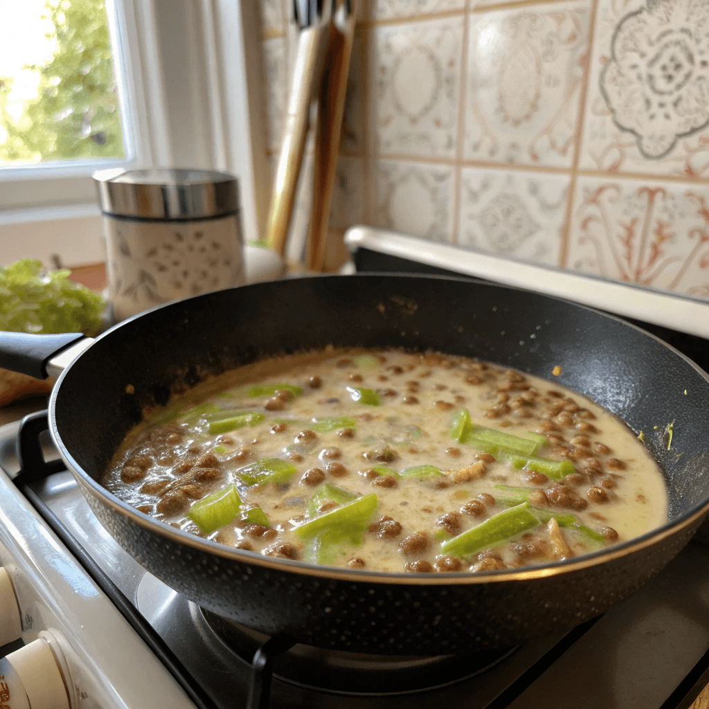 Lentil-Celeriac Skillet Sauce – Trending TikTok Recipe of 2025 9 Lentil-celeriac skillet sauce simmering in home kitchen