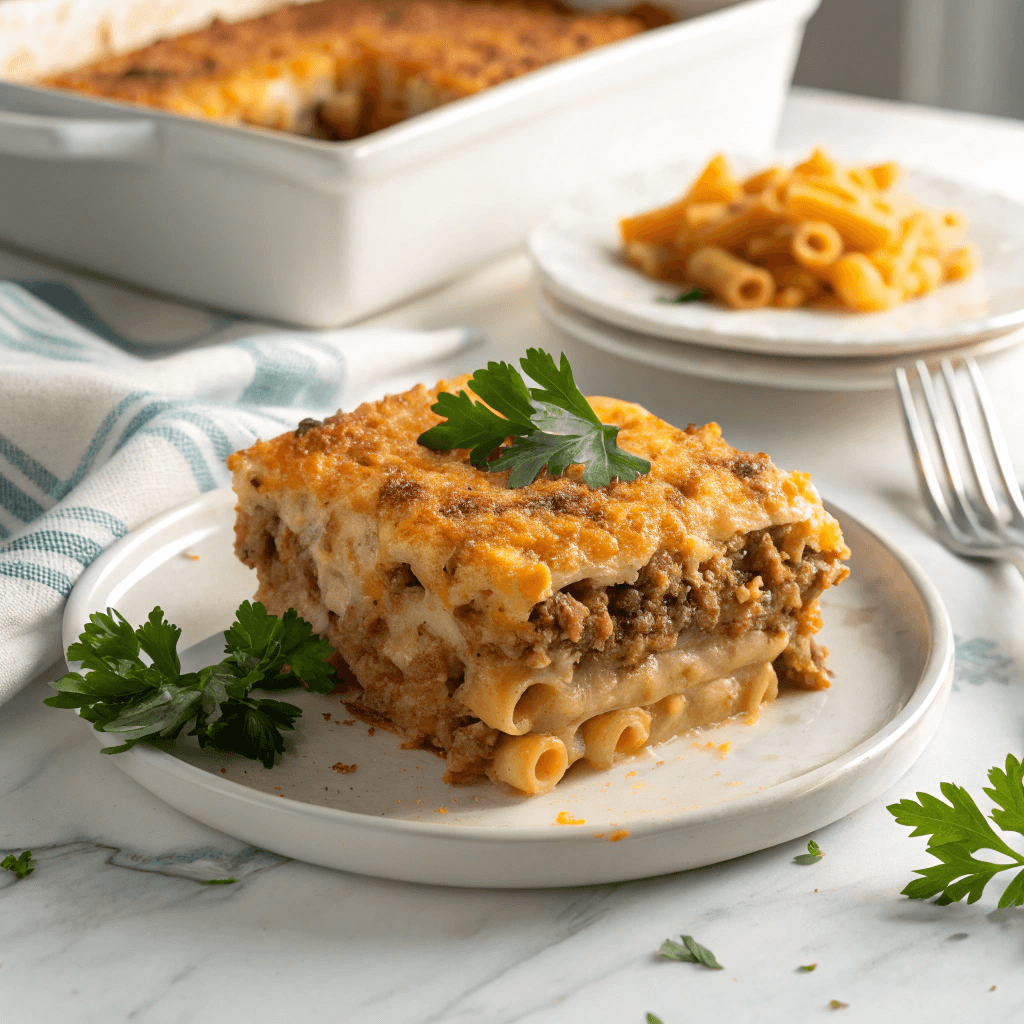 Mac and Cheese Meatloaf Casserole – The Ultimate Comfort Food Mash-Up 10 Final slice of mac and cheese meatloaf casserole on white plate