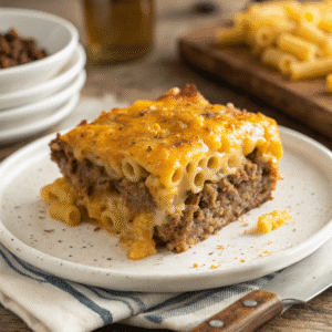 Mac and cheese meatloaf casserole slice with melted cheese and beef