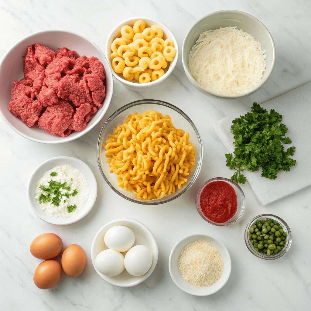 Mac and Cheese Meatloaf Casserole – The Ultimate Comfort Food Mash-Up 7 Ingredients for mac and cheese meatloaf casserole laid out on white marble