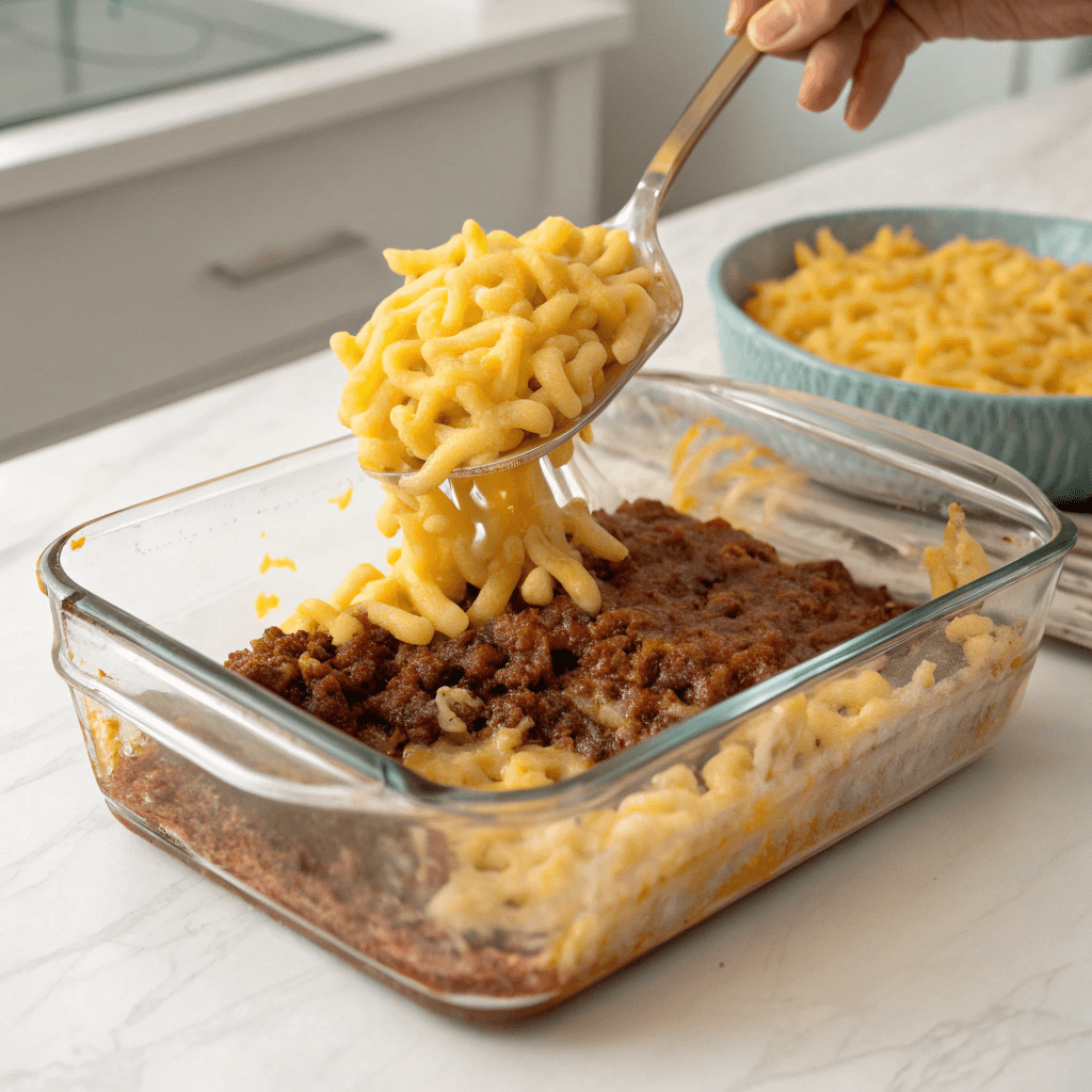 Mac and Cheese Meatloaf Casserole – The Ultimate Comfort Food Mash-Up 8 Layering mac and cheese over meatloaf in casserole dish