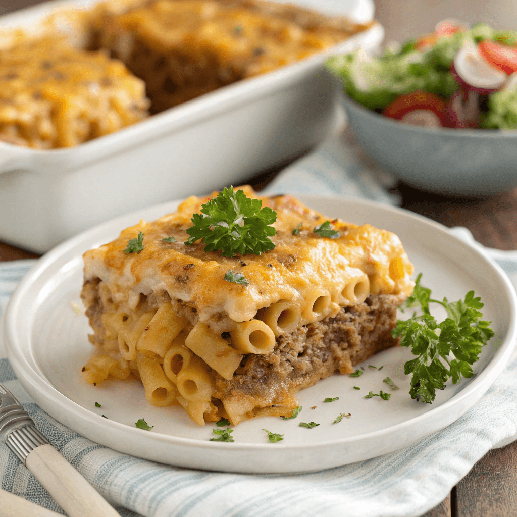 Mac and Cheese Meatloaf Casserole – The Ultimate Comfort Food Mash-Up 9 Served mac and cheese meatloaf casserole with parsley garnish