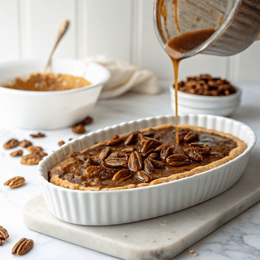 Pecan Pie Bars Recipe – Irresistibly Gooey, Easy, and Holiday-Perfect 9 pouring pecan filling into crust for pecan pie bars