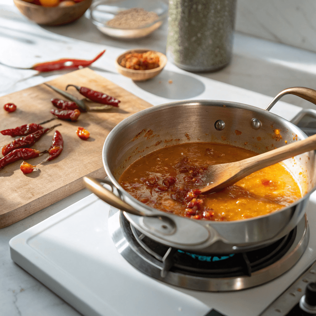 Mango Habanero Sauce – A Sweet, Spicy Story From My Kitchen 9 Mango Habanero Sauce simmering on stovetop