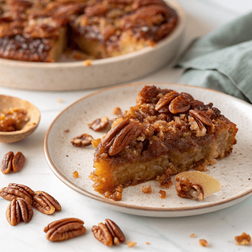 Pecan Dump Cake Recipe Easy , Sweet, and Irresistible Dessert 10 Final serving of pecan dump cake showing the gooey filling