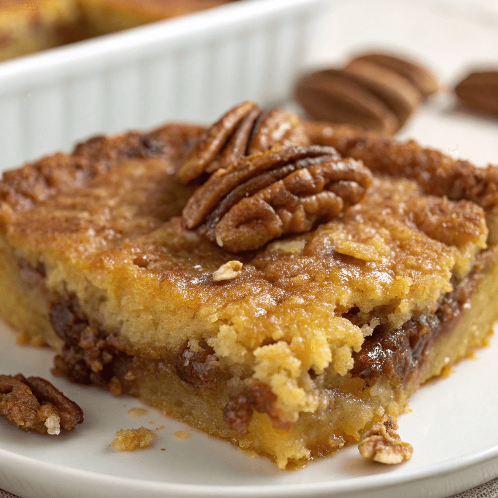 pecan dump cake served with a golden, crispy top and rich pecan filling
