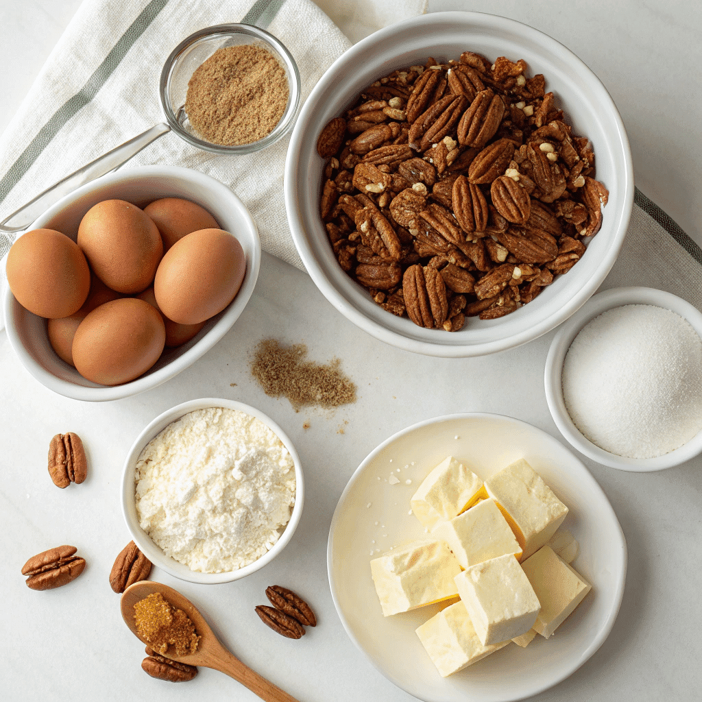 Pecan Dump Cake Recipe Easy , Sweet, and Irresistible Dessert 7 ingredients for pecan dump cake laid out, including pecans, cake mix, and butter