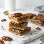 Pecan Pie Bars Recipe – Irresistibly Gooey, Easy, and Holiday-Perfect 7 close-up of stacked pecan pie bars with gooey filling