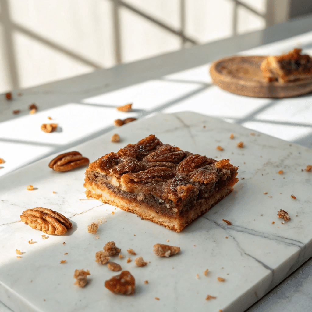 Pecan Pie Bars Recipe – Irresistibly Gooey, Easy, and Holiday-Perfect 12 single pecan pie bar on marble countertop with crumbs