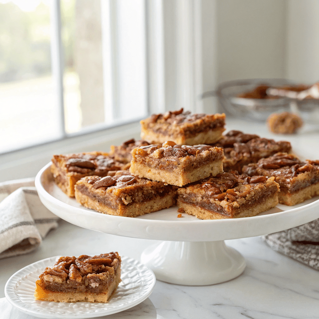 pecan pie bars cooling on rustic kitchen counter