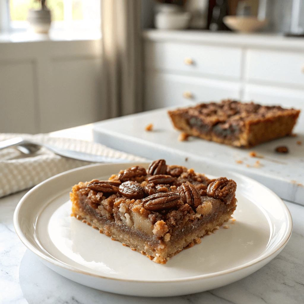 Lazy Girl Pecan Pie Bars 12 close-up of pecan pie bar on clean marble counter