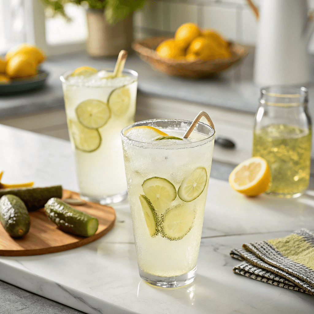 pickle lemonade in glass with garnish