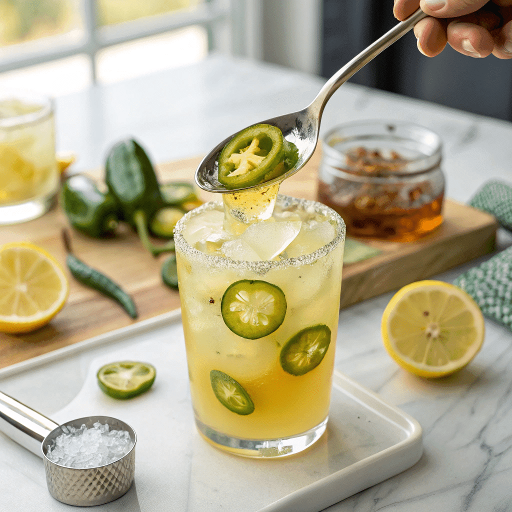Pickle Lemonade Trending in 2025? 5 spoon lifting spicy pickle lemonade with garnish