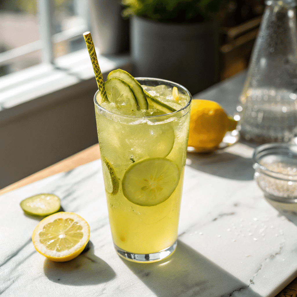 glass of viral pickle lemonade with pickle spearof viral pickle lemonade with pickle spear