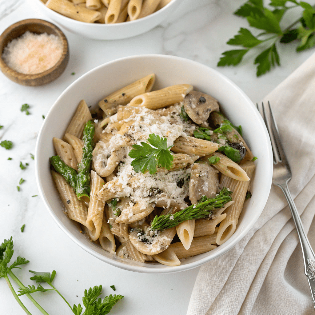 Creamy Mushroom and Asparagus Chicken Penne That’ll Change Your Pasta Nights Forever 11 Overhead creamy chicken penne with mushrooms and asparagus