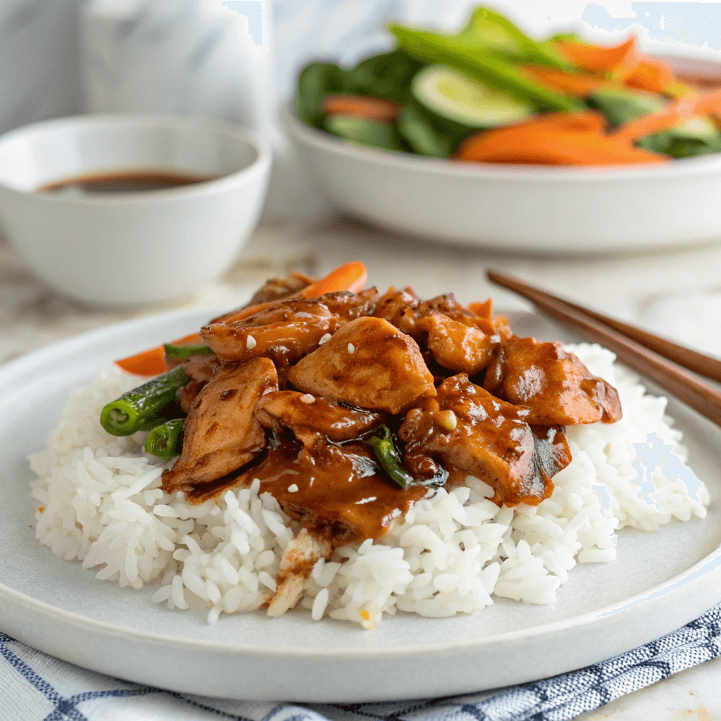 Sarku chicken teriyaki recipe served with rice and sesame