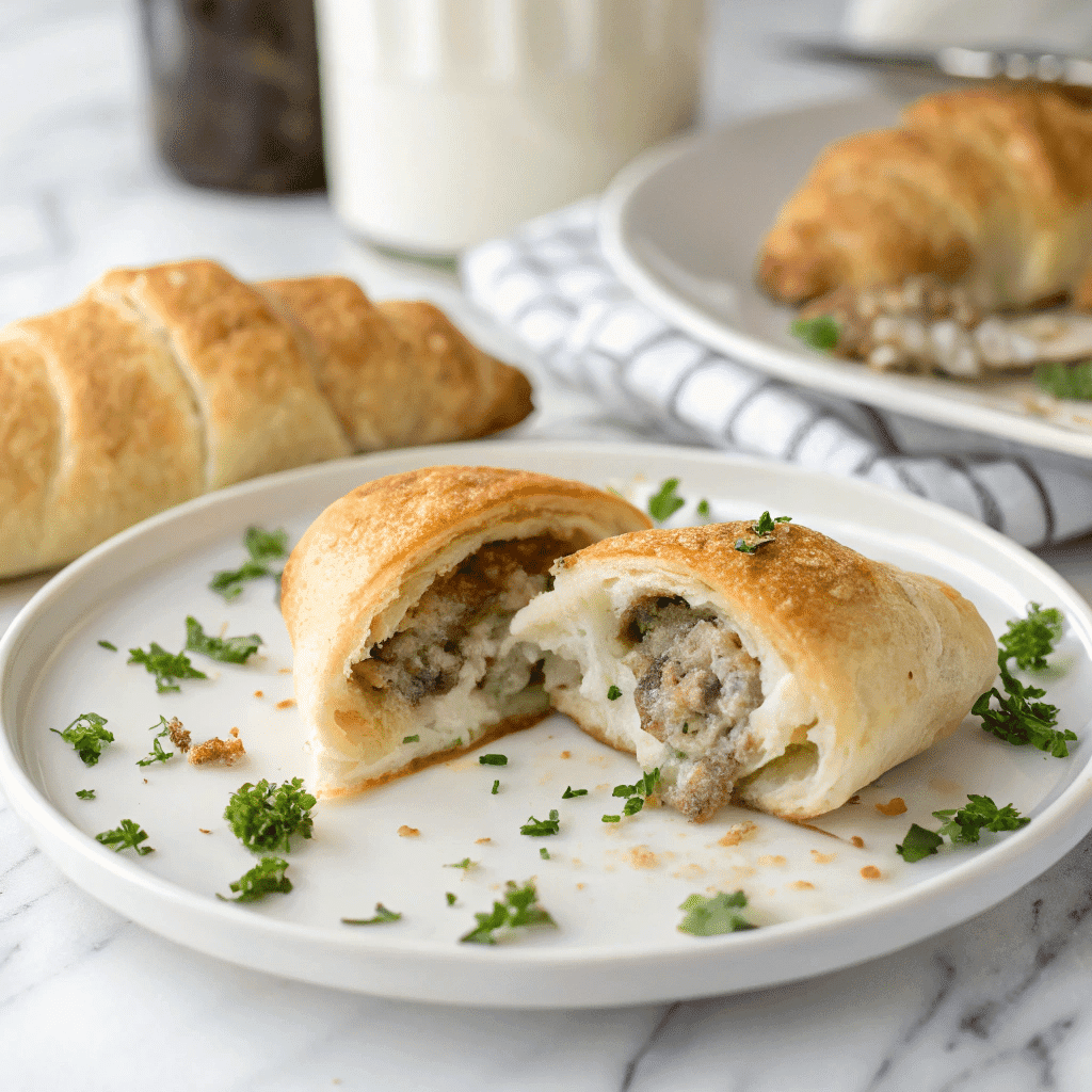 Sausage Cream Cheese Crescents – Irresistible 3-Ingredient Snack You’ll Make Again and Again 10 Pulled apart sausage cream cheese crescent on white marble